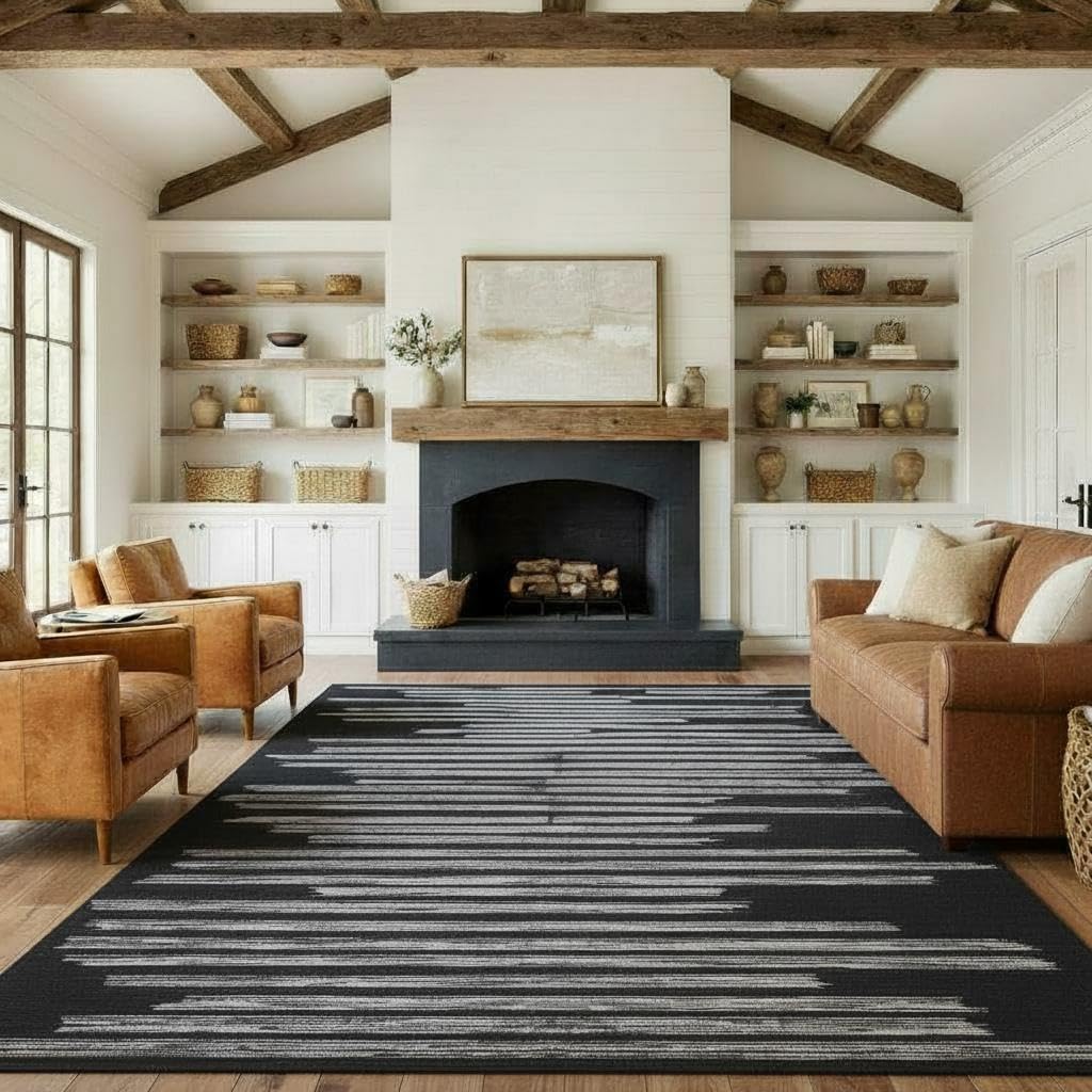 GarveeHome Large Area Rug 9x12 Modern Striped Non Slip Stain Resistant Washable Rug for Living Room Dining Room Bedroom Guest Room Home Office Low Pile Soft Carpet Kids&Pets Friendly, Black