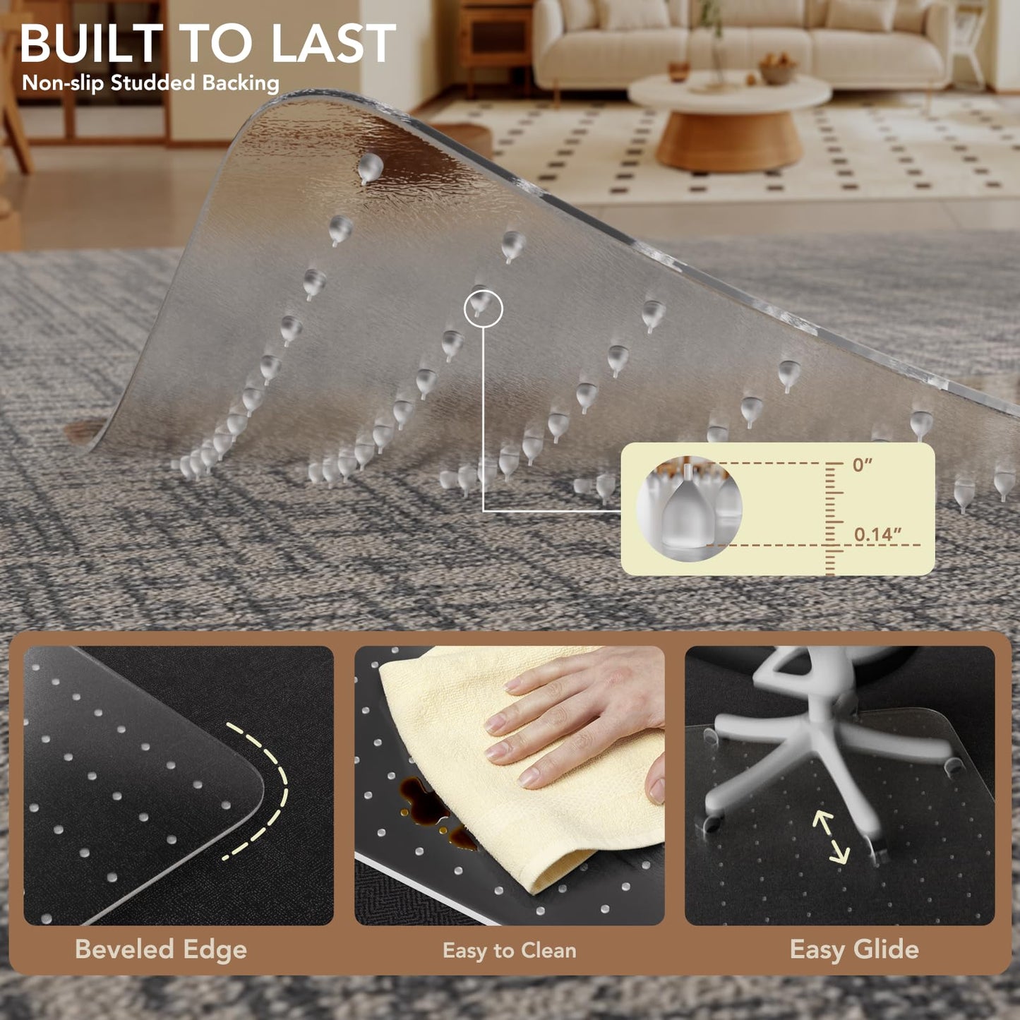 Office Chair Mat for Low Pile Carpet with Lip, 45" x 53" Clear Plastic Floor Protector, Heavy Duty Desk Chair Mat for Rolling Chairs, Smooth Glide Computer Mat for Home Office