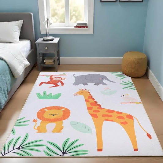Superior Indoor Kids Rug, Felt Dot Backing Washable Rug, Non-Slip, Toddlers & Babies, Perfect for High Traffic Playroom, Kids Room or Bedroom, Animal Safari Play Mat Animal - Ivory 3' x 5'