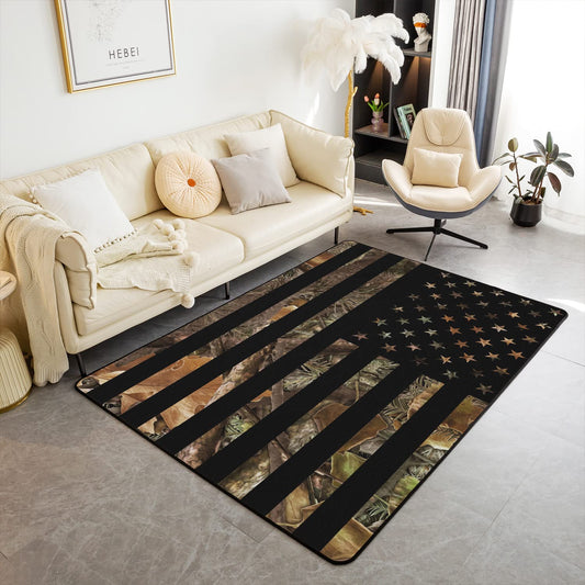 American Flag Camo Rug, Rustic Tree Leaves Camouflage Area Rug 5x6'6'', Military Hunting Carpet for Boys Teens Kids Man, Nature Conifer Oak Branches Non Slip Living Room Rugs