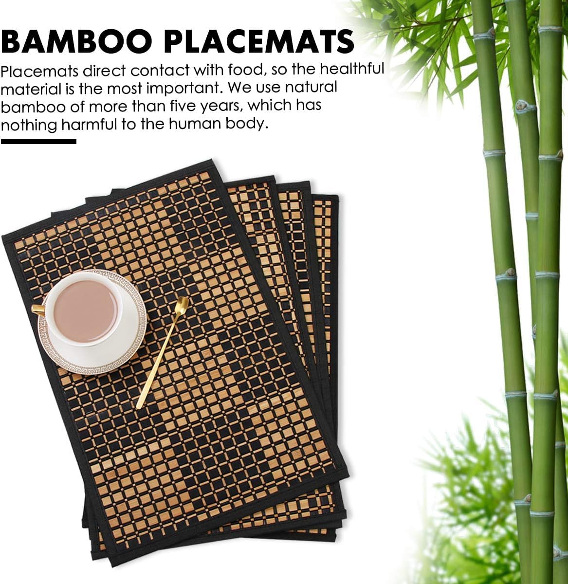 Bamboo Placemats Set of 4, Heat Resistant Place Mats for Dining Table, Durable Bamboo Table Mats, Stain Resistant & Easy Clean Placemats for Kitchen, Indoor/Outdoor Use 11.5 x 17.5 Inch