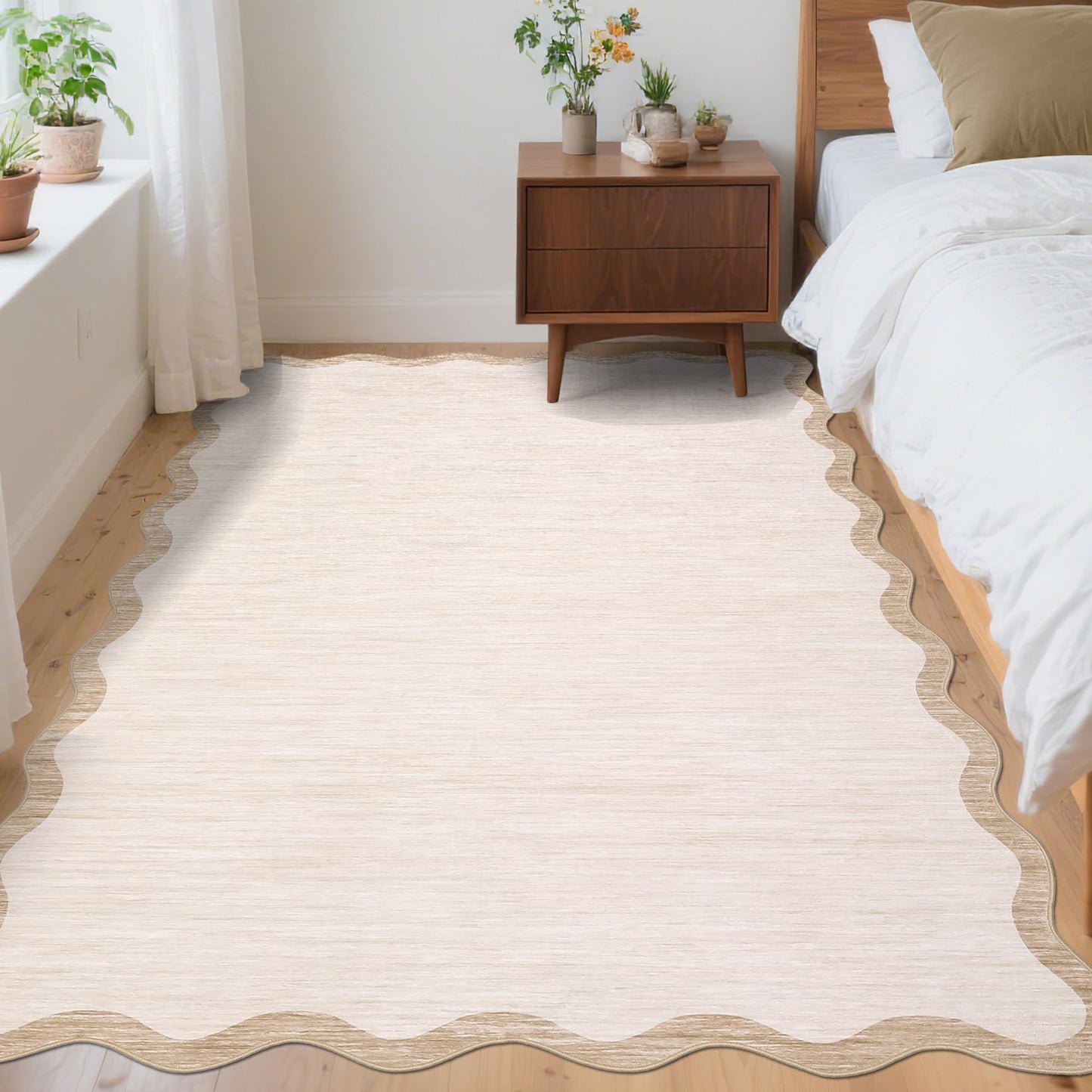 GarveeHome Scalloped Washable Rugs 5x7 Rug for Living Room Modern Non Slip Large Area Rug for Bedroom Decor Farmhouse Low Pile Stain Resistant Carpet for Office Dining Room Classroom 5 ft x7 ft Beige