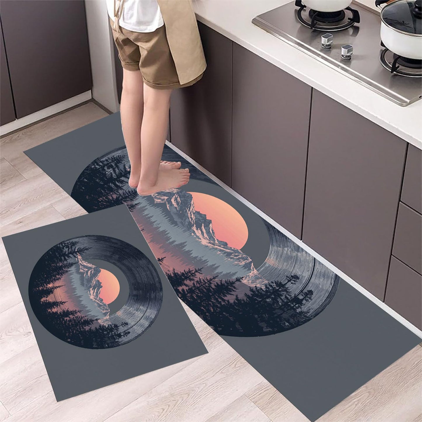 Kitchen Rugs Sets of 2 Potted Green Plants Non Slip Kitchen Mats Washable Runners Rugs Glass Conservatory Soft Standing Floor Mat for Hallway, Dining Room and Entrance, 40x60cm+40x120cm, Fresh Green