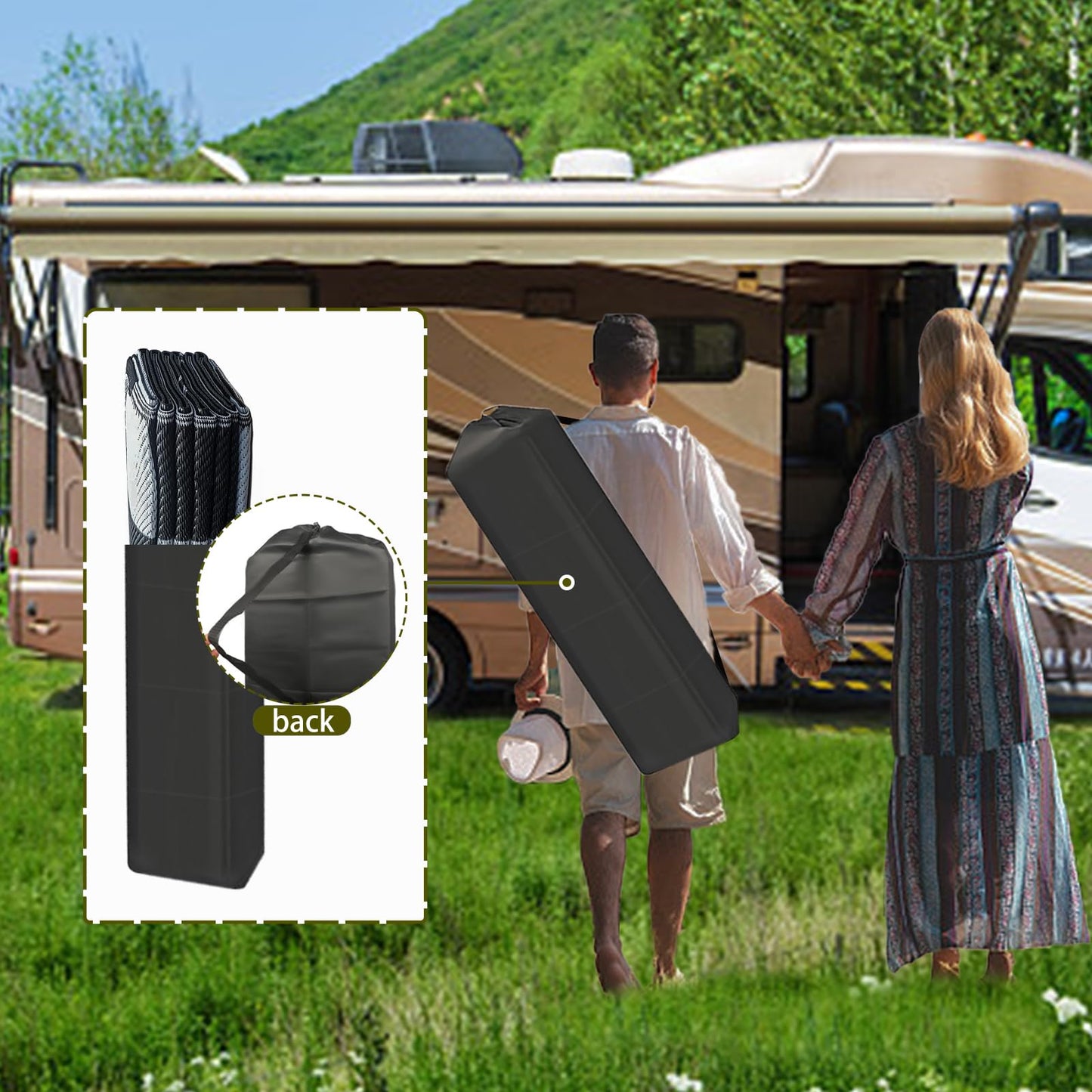 EEZ RV Products 9'x12'cf Heavy Duty Reversible/Durable Outdoor RVing/Boondocking Mats (9ft x12ft Black & White Checker Flag) Come with Large Storage Bag & 6 Sets of Stakes and Washer