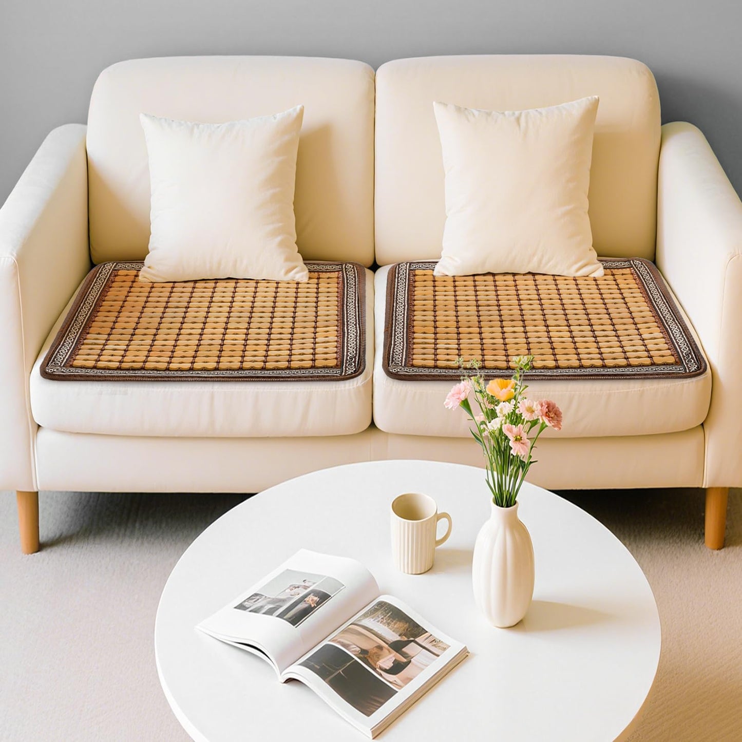 ELFULLY 2 Pcs Bamboo Chair Cushions, 16.5" x 16.5" Breathable Seat Mat for Summer, Anti-Slip Comfortable Seat Pad with Mahjong Design, Natural Carbonized Bamboo Butt Cooler for Car Truck Home Office