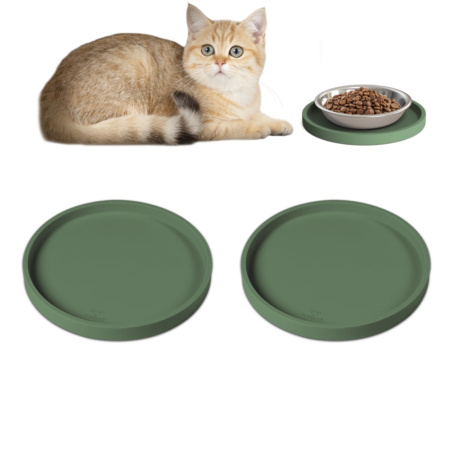 Arespark Pet Silicone Food Mat, 6in x 6in Set of 2 Nonslip Waterproof Feeding Bowl Mat with Raised Edges for Food and Water Prevent Spills, Round Eating Tray for Dog Cat Puppy Kitten (Olive Green)