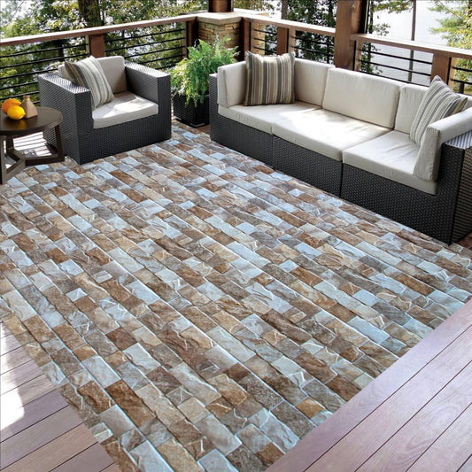 Rustic Natural Brown Grey Tile Brick Wall Pattern Outdoor Area Rug for Porch Patio Deck Waterproof Durable No Skid Washable Carpet in Veranda Balcony Garden Poolside Quick Drying Outside Rugs 5x7