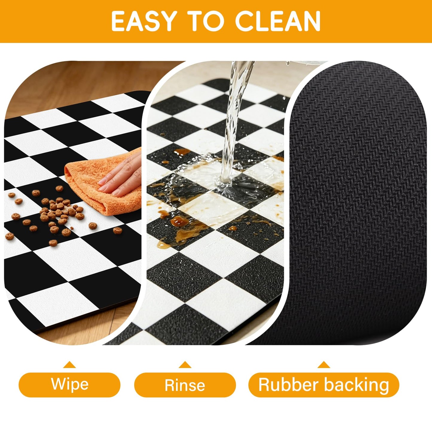 Focysep Absorbent Checkered Dog Food Mat, Leakproof Quick-Dry Pet Feeding Mat Cat Food Mat 24" x 16"Black for Food & Water Bowls, Easy-Clean Pet Bowl Mat for Dogs & Cats, Kitchen, Home or RV Use