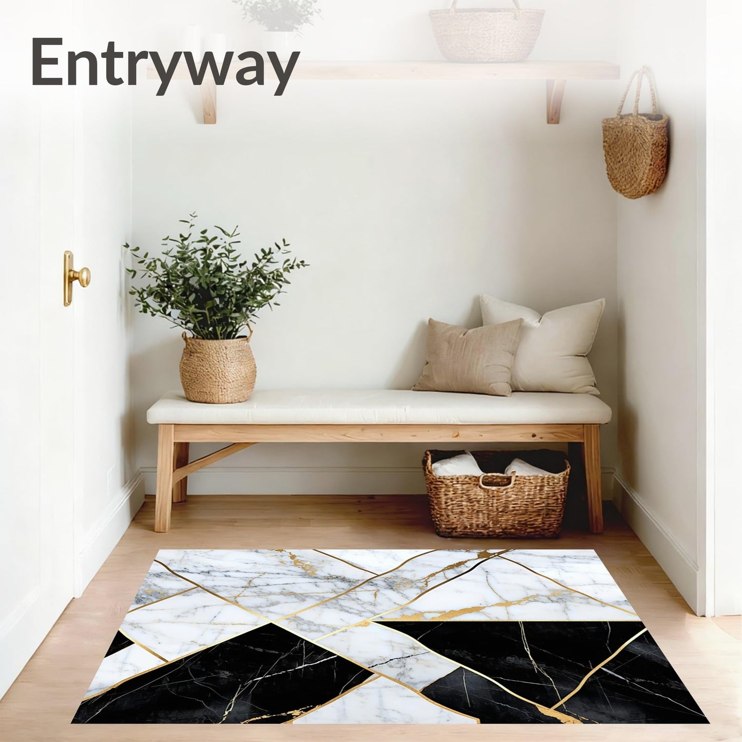 ODIKA 5'x7' Washable Area Rug - Contemporary Modern Abstract Gold Marble Elegant Black Non-Slip Chair-Friendly Carpet for Dining Room, Small Living Room, Bedroom, Flatwoven | Ref: 84054