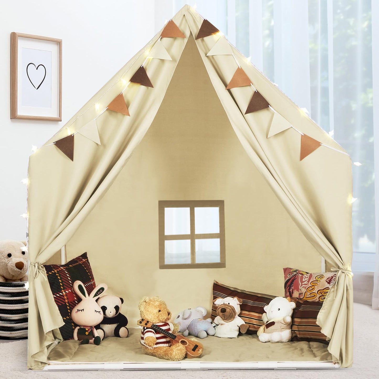 MORITECK Kids Play Tent with Padded Mat & Star LED Lights for Ages 4-8-10 Year Old Girls Boys, Large Cute Indoor Play Room House Tent for Toddler Children (Beige)