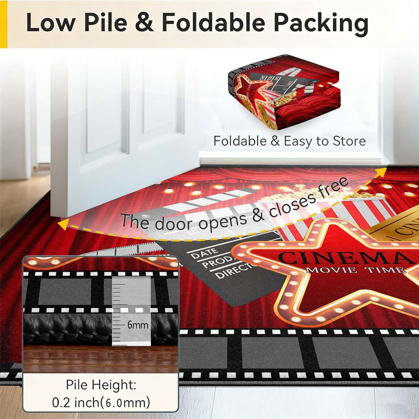 LGGLOVELIN Cinema Movie Time Area Rug 8x10ft, Indoor Low Pile Large Carpet, Red Curtain Popcorn Ticket, Washable Non-Slip Soft Rugs for Home Theater Living Room Bedroom Movie Night Decor Mat