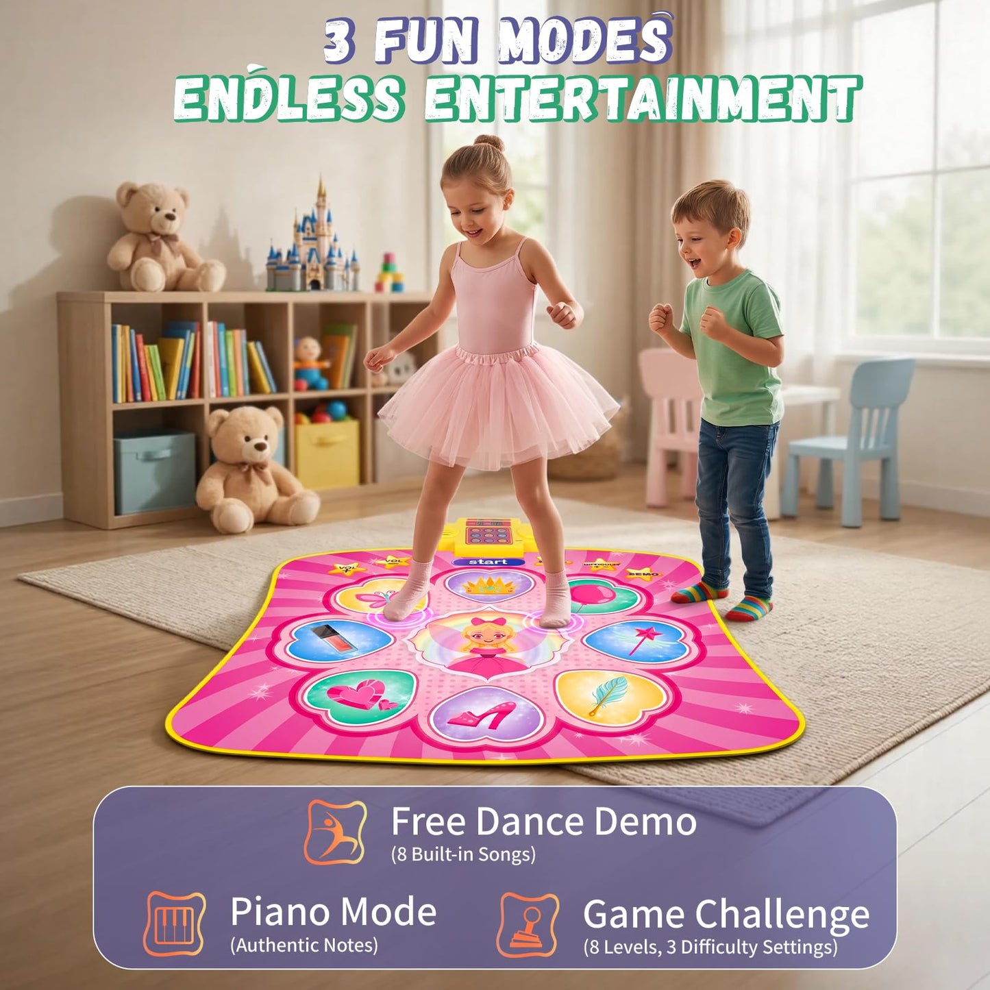 YESHIN Dance Mat, Rhythm Step Play Mat with LED Lights, Oversized Sensitive Buttons, 8 Songs & 7 Volume Levels, 3 Modes, Dance Game Toy Pad, for Kids Girls 3-12 (Pink)