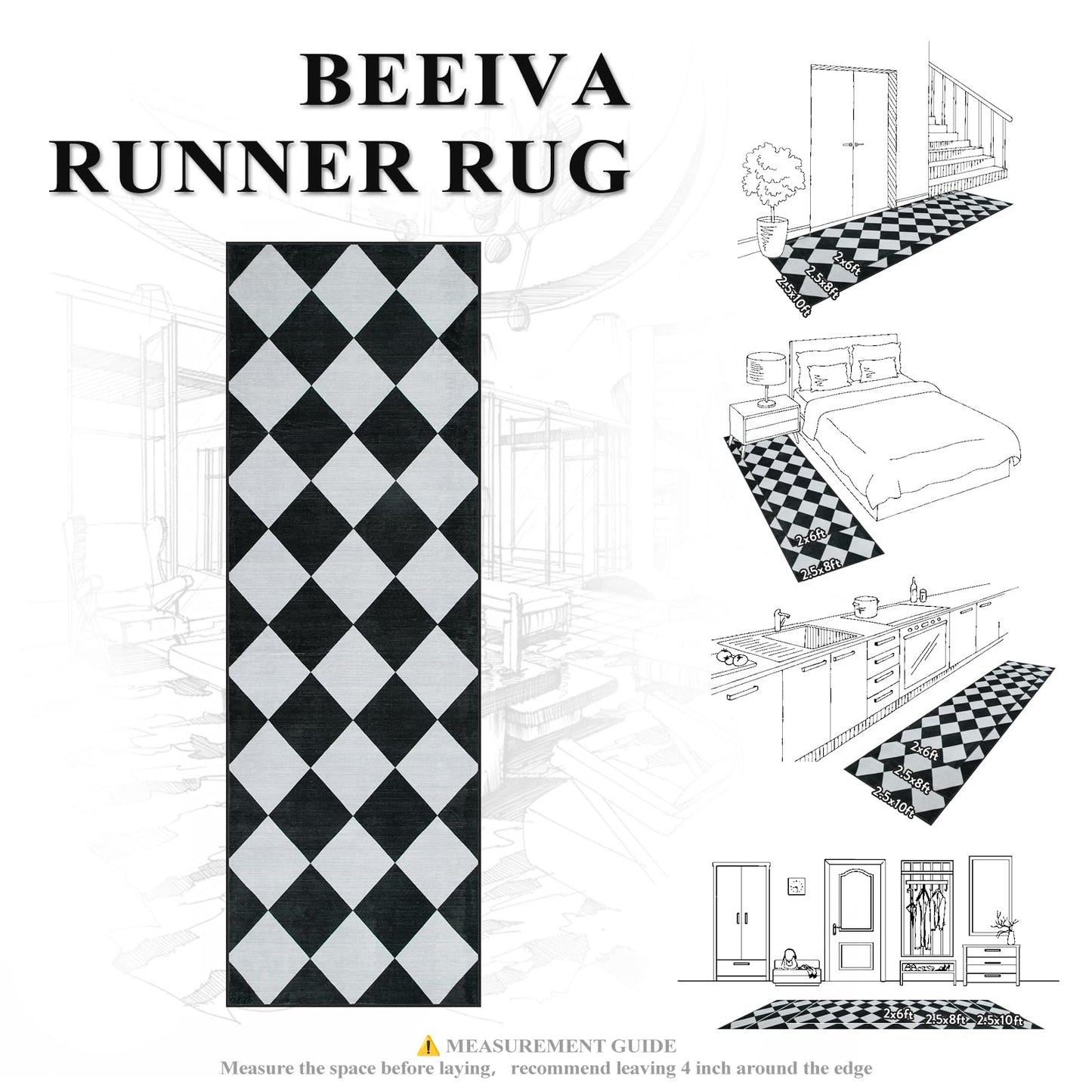 Beeiva Checkered Print Runners for Hallways 2.5x8, Ultra Thin Black Kitchen Runners Non Skid Washable 8 ft, Modern Diamond Stain Resistant Low Pile Carpet for Bathroom Entryway Bedroom Laundry