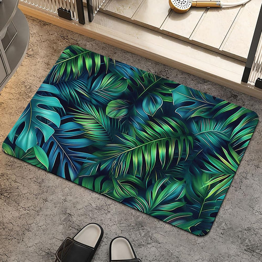 Bath Mat Rug,Green blue tropical leaves Non Slip Quick Dry Super Absorbent Thin Bathroom Rugs Fit Under Door-Easy to clean Bathroom Floor Mats-Shower Rug for Shower Sink Bathtub(16" x 24"In)