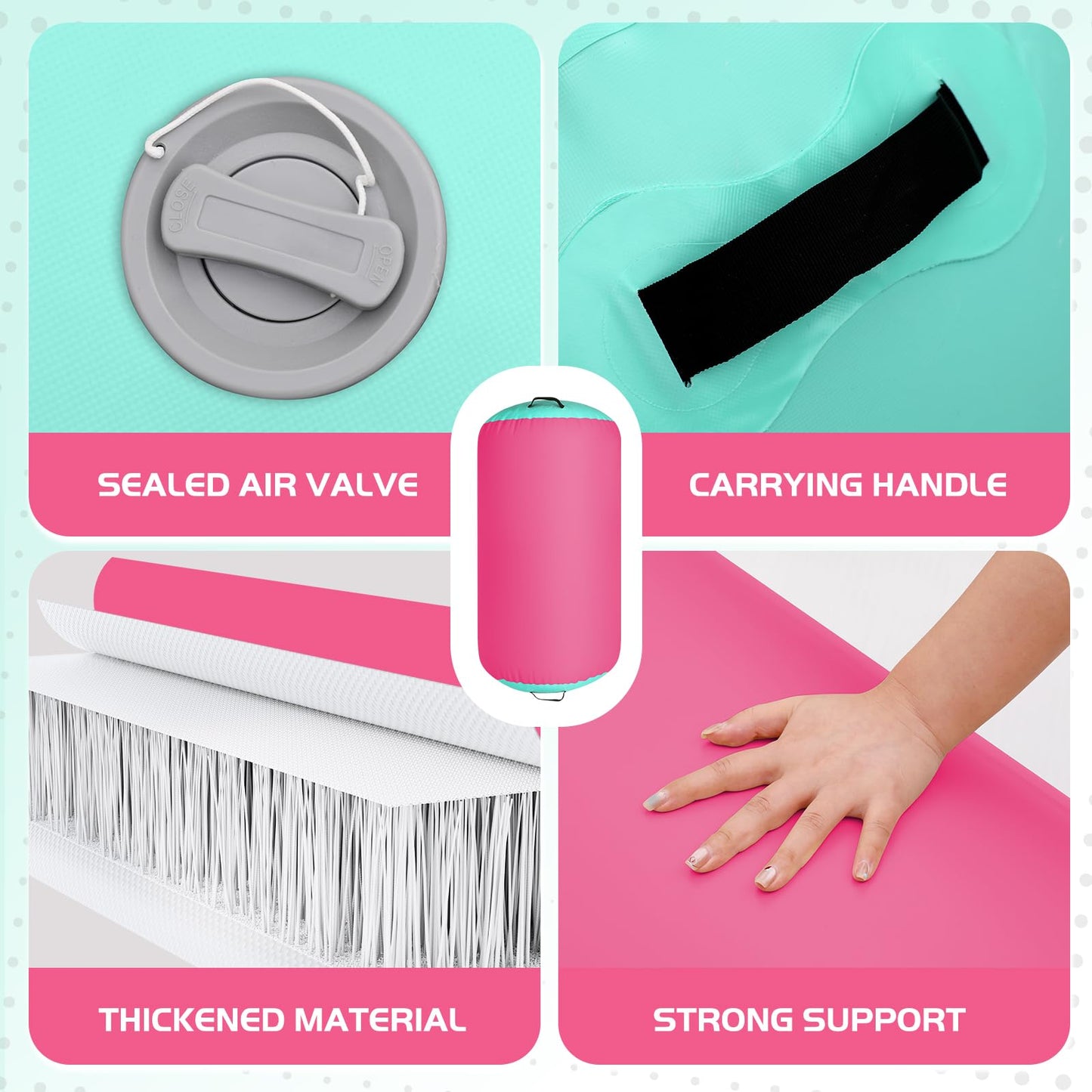 KIKILIVE Inflatable Gymnastics Tumble Mat 10ft and Air Roller 40x23inch Pink Green, Air Mat Track 4 inches Thickness and Air Roller Gymnastics Barrel with Electric Air Pump for Home Use Outdoor Training Cheerleading Beach Park