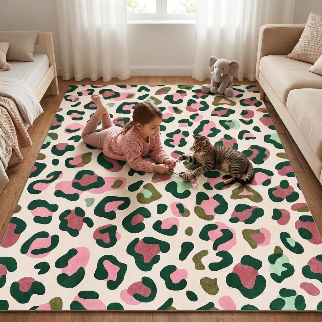 ERYATOU 5x7 Area Rug, Pink and Green Leopard Print Rug, Washable Non-Slip Low Pile Faux Cashmere Carpet for Teen Girls Bedroom, Dorm Room, Living Room Decor