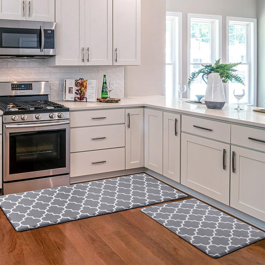 KMAT Kitchen Mat [2 PCS] Cushioned Anti-Fatigue Kitchen Rug, Waterproof Non-Slip Kitchen Mats and Rugs Heavy Duty PVC Ergonomic Comfort Foam Rug for Kitchen, Floor Home, Office, Sink, Laundry,Grey