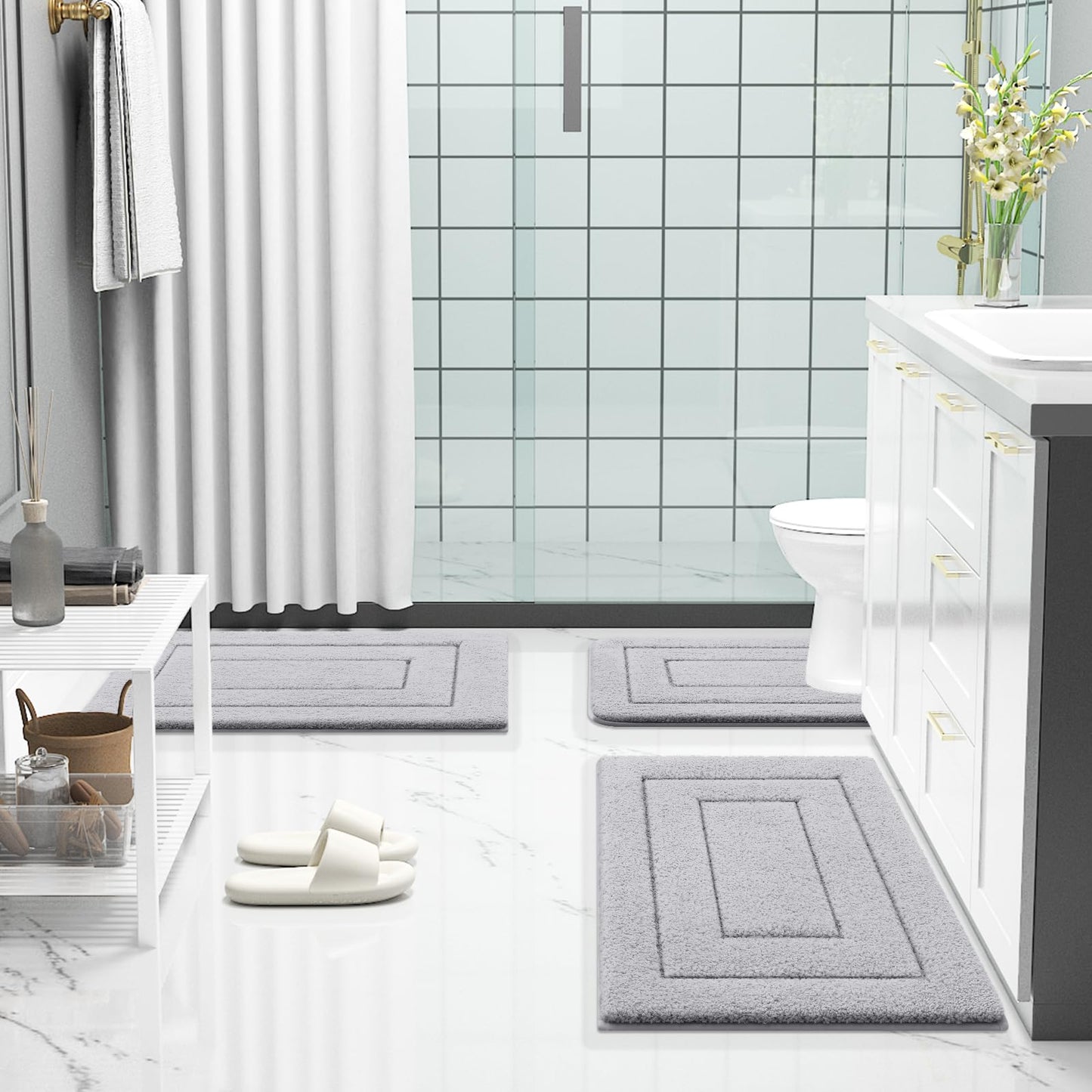 Buganda Bathroom Rugs, 24" x 16", Soft and Absorbent Microfiber Bath Rugs, Non-Slip Shaggy Shower Carpet, Machine Wash Dry Bath Mats for Bathroom Floor, Tub and Shower, Grey
