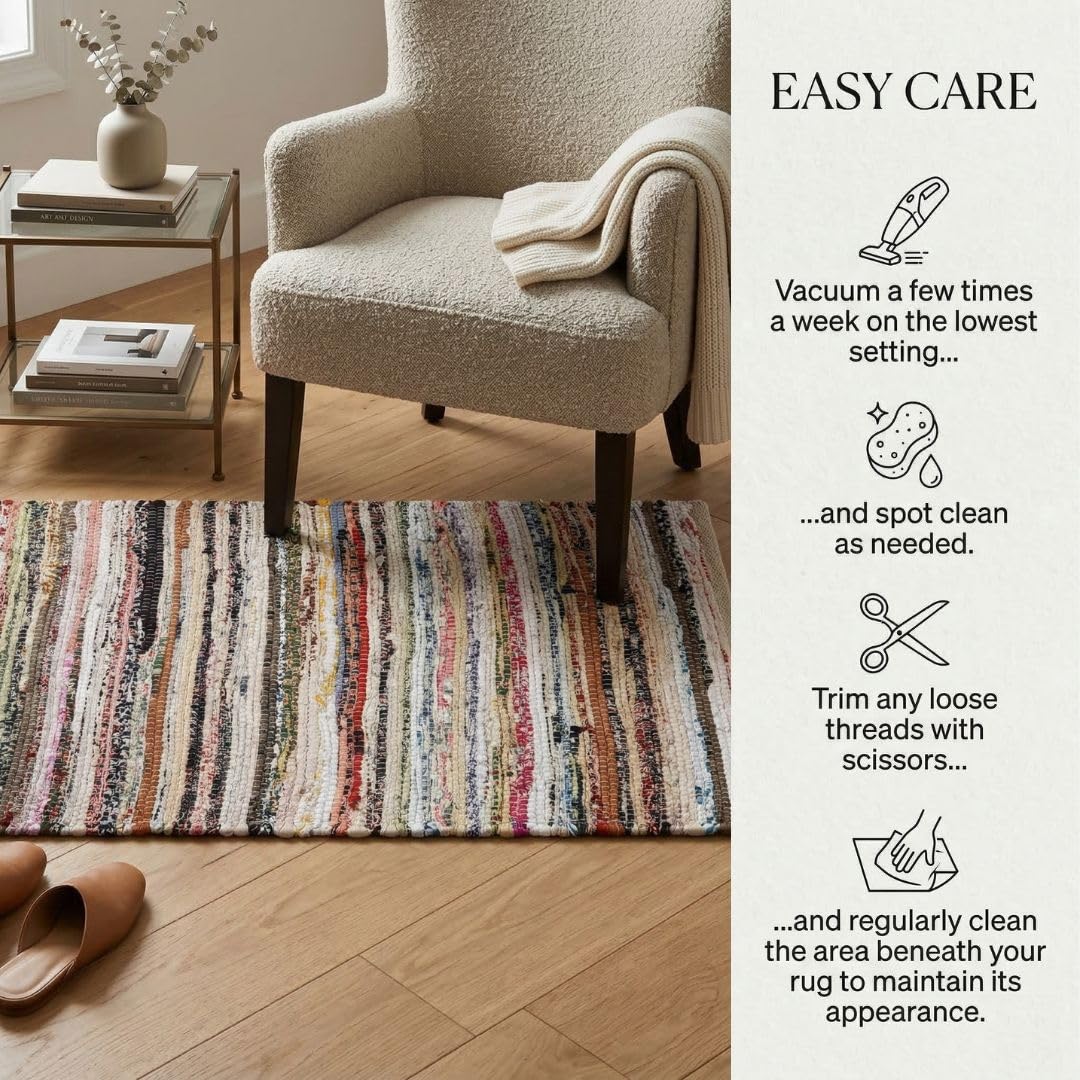WeWove Hand Woven Chindi Rug Cotton - Boho Rustic Farmhouse Area Accent Throw Rug - Area Floor Carpet for Bedroom Living Room Kitchen Dorm Entryway Hallway - 20x32 inch Area Rug Pastel Multicolor