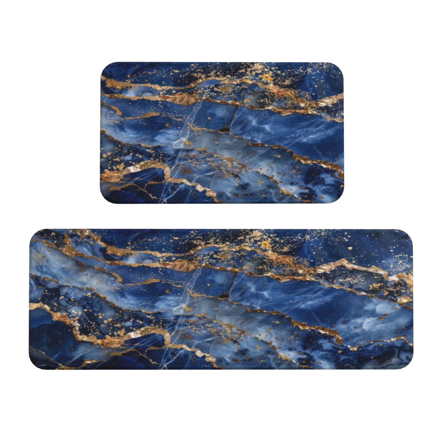 Sovvin Blue Gold Marble Kitchen Rugs Microfiber Floor Mats Cushioned Carpet Runner Rug for Laundry Bathroom Living Room, 2 Piece Set 17"X 47" + 17"X 30"