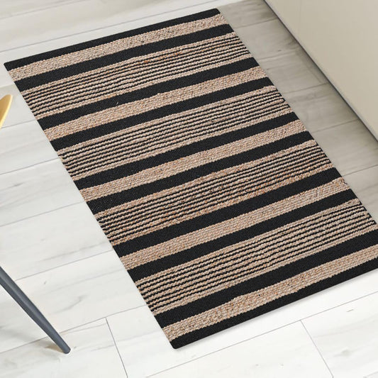 Threadvista Hand Woven Area Rug 2x3 Feet - Rustic Farmhouse Boho Accent Rug for Living Room Bedroom Kitchen Entryway Floor Mats Non Slip - Ideal for High Traffic Areas Jute Cotton Rug Natural Black