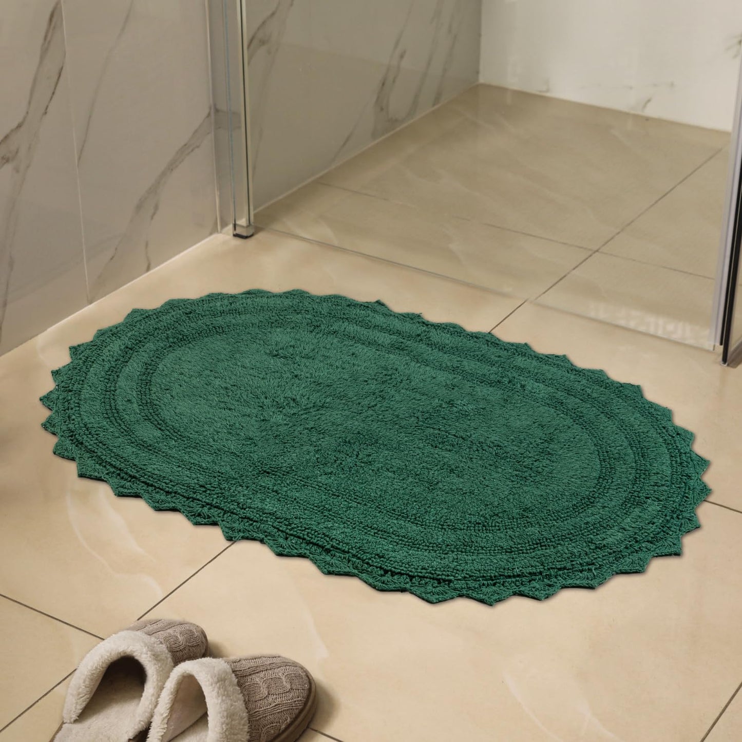RAJRANG Foliage Green Oval Cotton Bathroom Rug – 34x21 Inch Reversible Crochet Bathroom Rug – Soft, Absorbent, Handmade Boho Rug for Spa, Kitchen, or Entryway