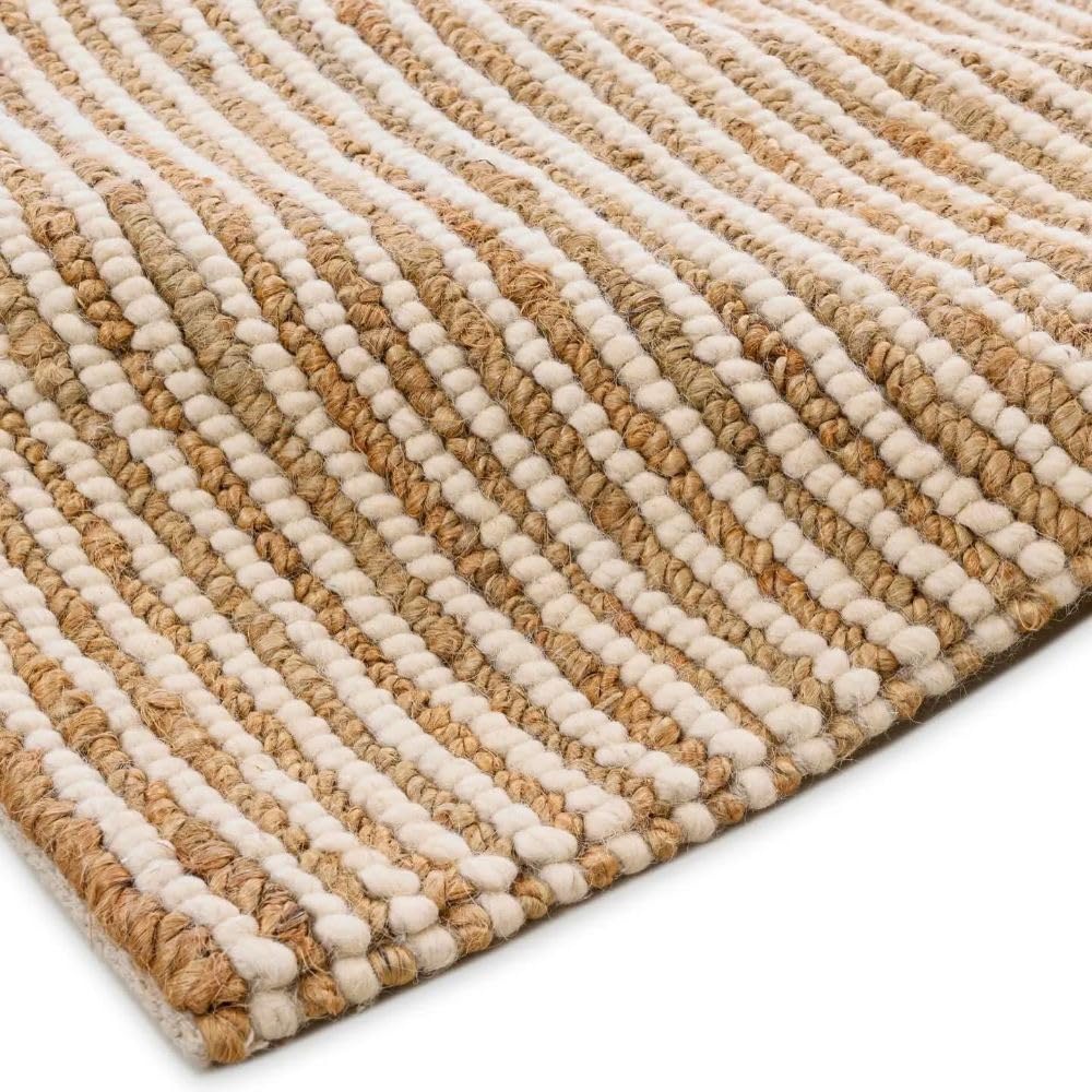 FRELISH DECOR Area Rug 4x6 feet - Premium Wool and Jute Blend Handwoven Rugs - Natural Fiber Chunky Stripe Rugs for Living Room, Bedroom, Hallways, Dining Area: Natural Ivory