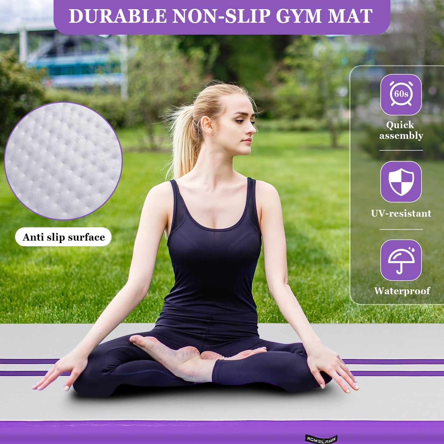 ROMELANDS Inflatable Air Gymnastics Mat, 10ft Tumble Track Tumbling Mats with Electric Air Pump for Home/Gym/Training/Cheerleading/Beach/Park/Yoga/Water