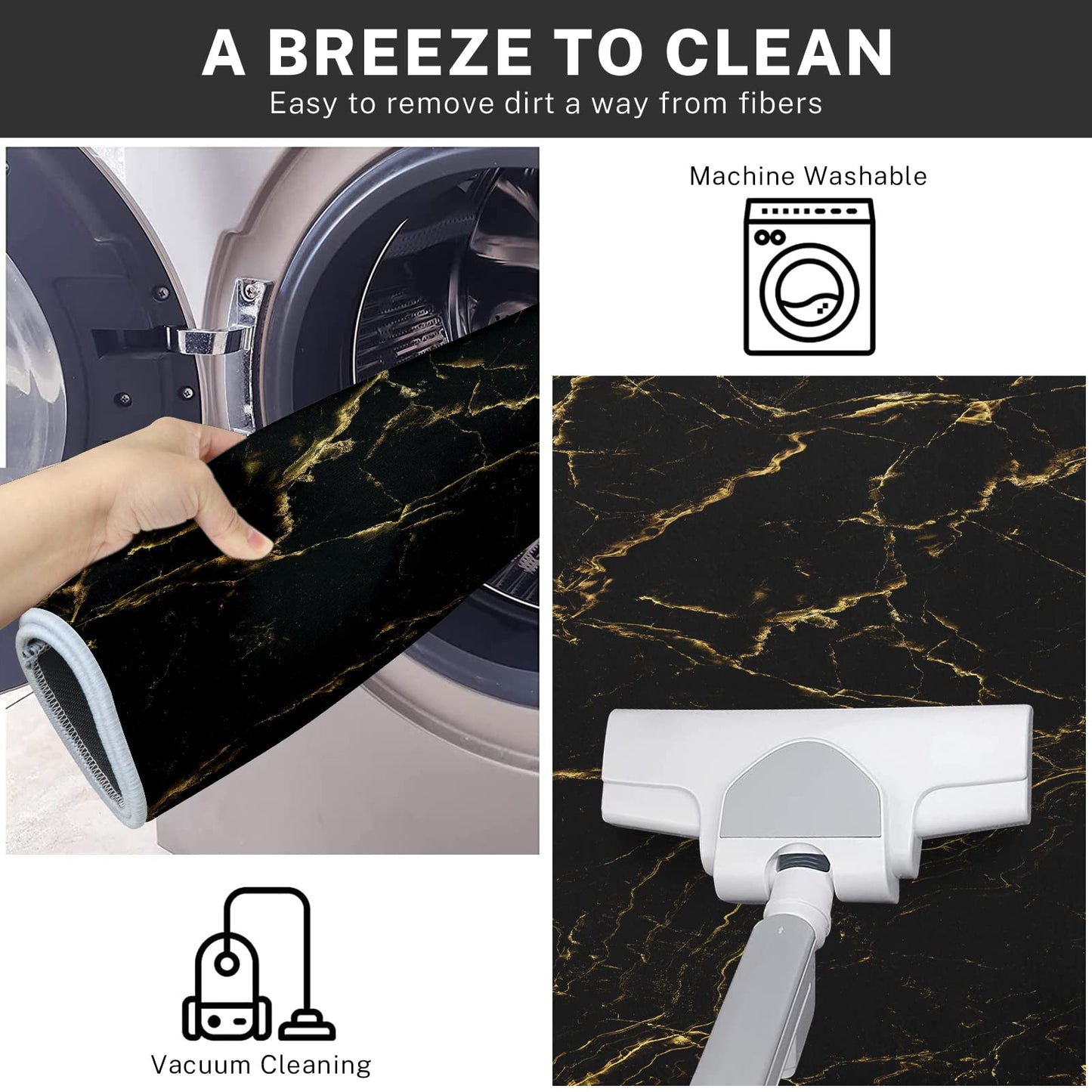 ArtSocket Kitchen Mats Non Skid Washable Set of 2, Marble Black Abstract Runner Rug, Marble Golden Gold Floor Under Sink Mat Throw Rug for Kitchen Doormat