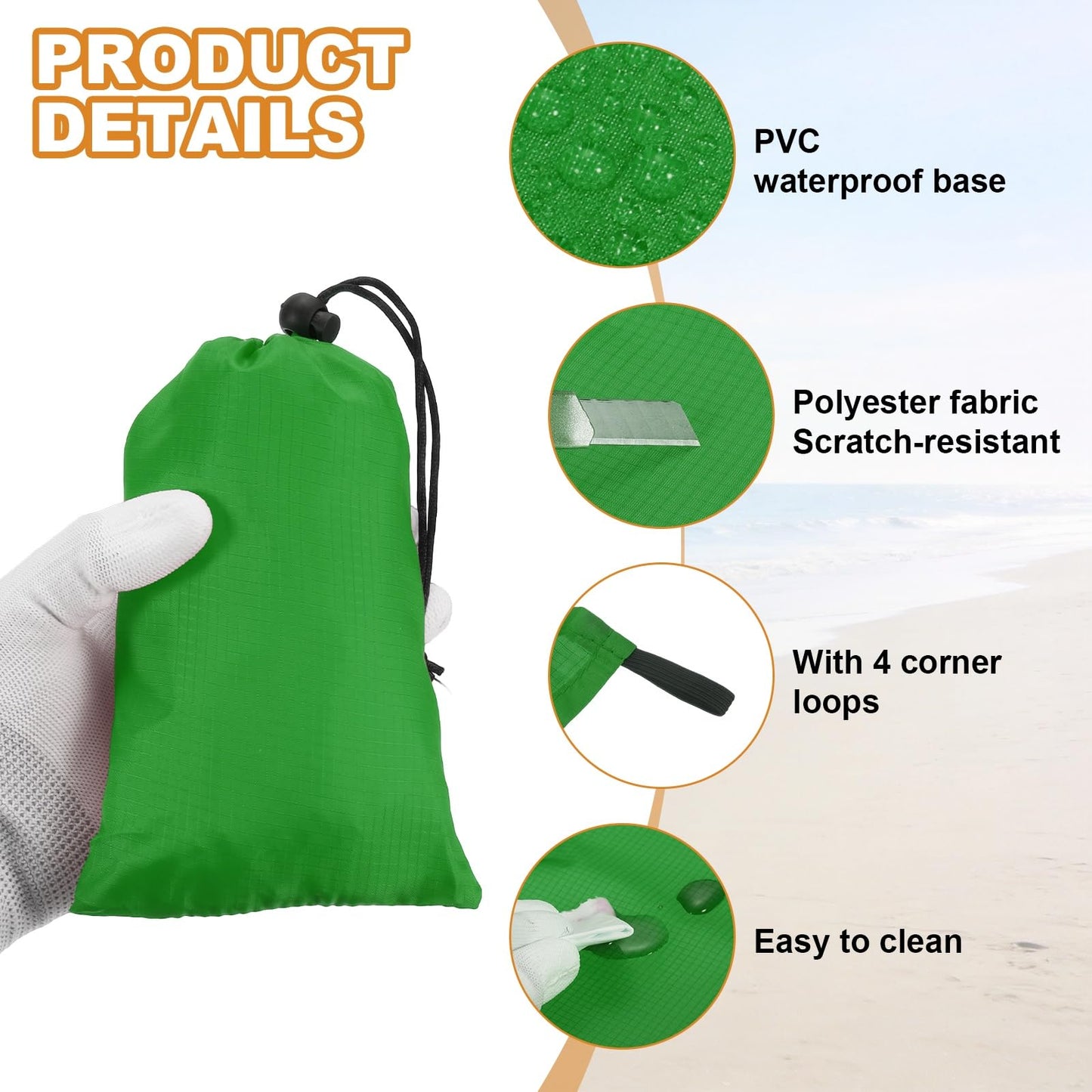 YELARXI Beach Blanket, Waterproof Foldable Beach Mat Compact Sand Free Quick Drying Beach Essentials with Carry Bag and 4Pcs Stakes for (Beach/Camping/Hiking/Picnic) 59 x 55in & Green