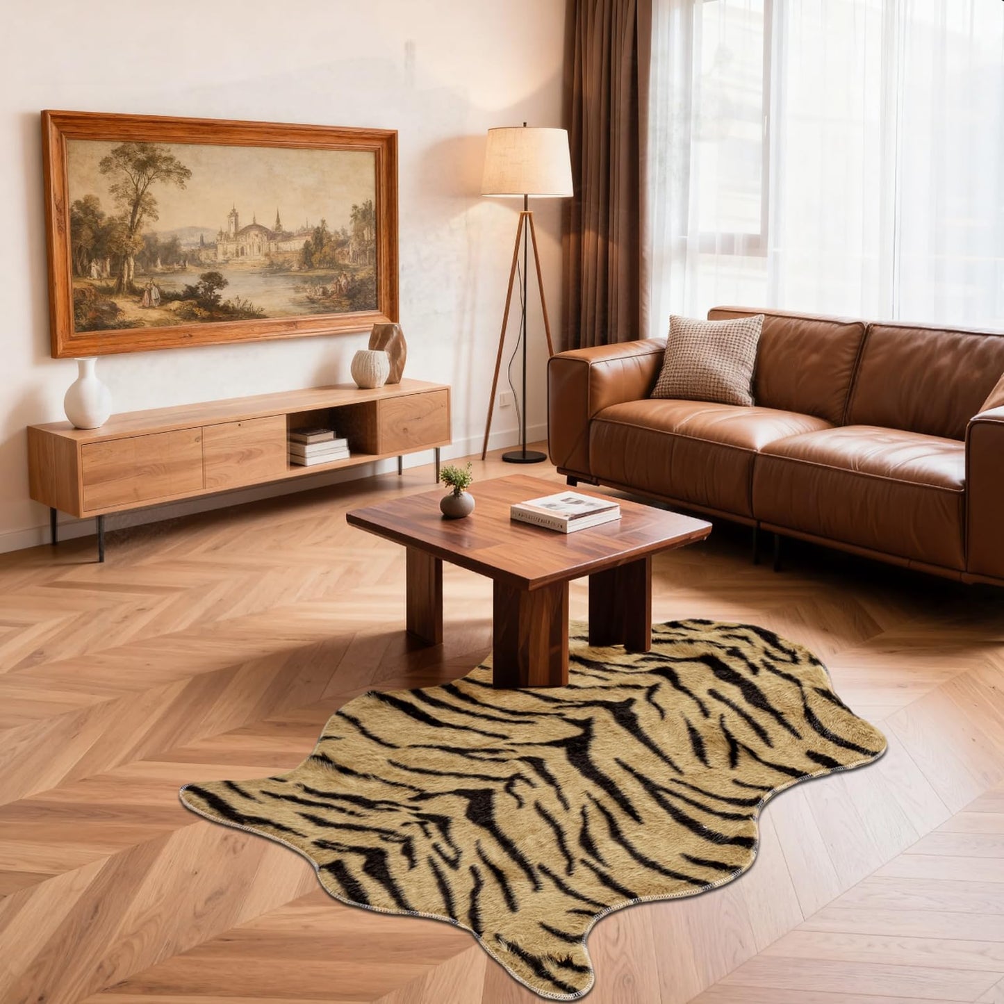 YulyreZome Tiger Print Rug Faux Cowhide Skin Hide Animal Printed Area Rugs Nonslip Carpet Western Decor Mat for Bedroom Living Room 31.5x43.3 Inch