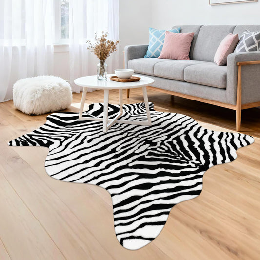 Fixseed Zebra Rug for Bedroom Living Room,4.6 x 5.2ft Western Faux Fur Animal Print Carpet Washable Rugs for Bedroom Western Decor,Black and White
