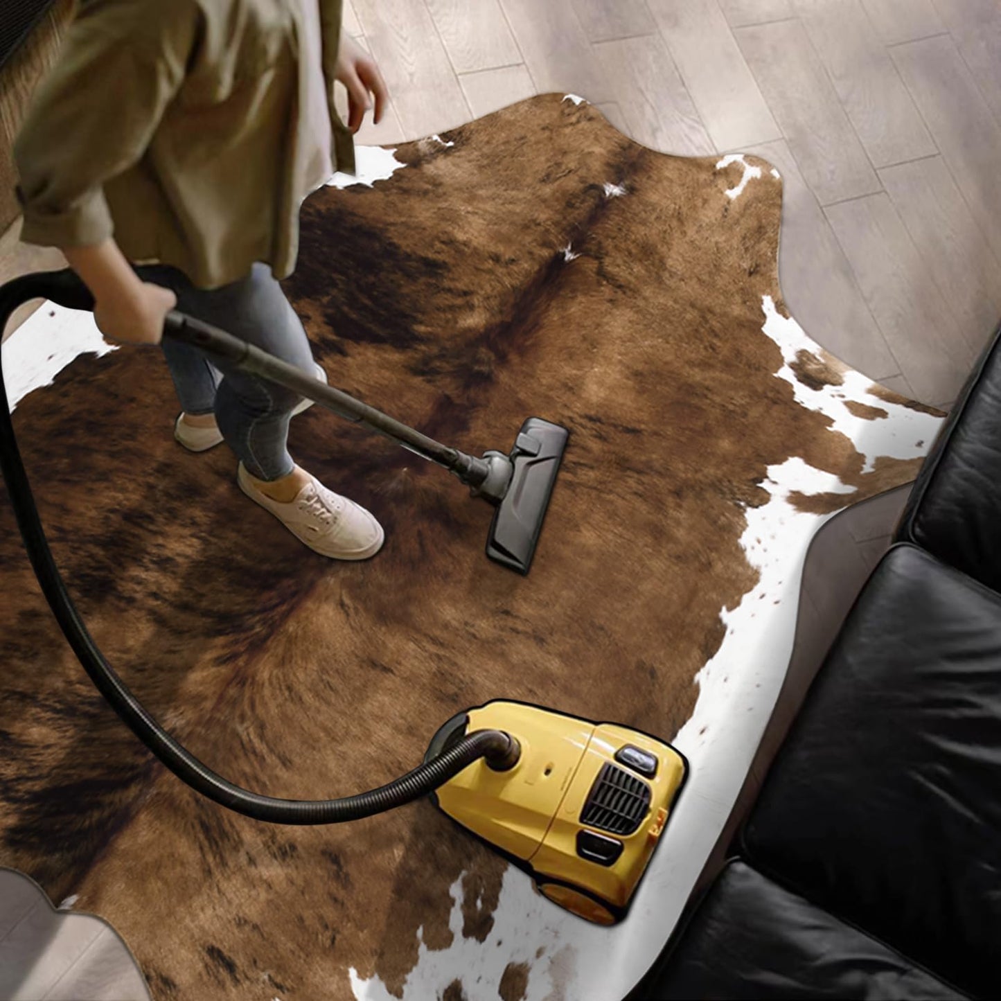 Pettop Luxury Faux Cowhide Rug 4.6x5.2 Feet - Western Cow Print Area Rugs for Living Room, Bedroom, Farmhouse - Premium Western Style Faux Fur Carpet, Non-Slip Animal Hide Throw Rugs (Caramel)