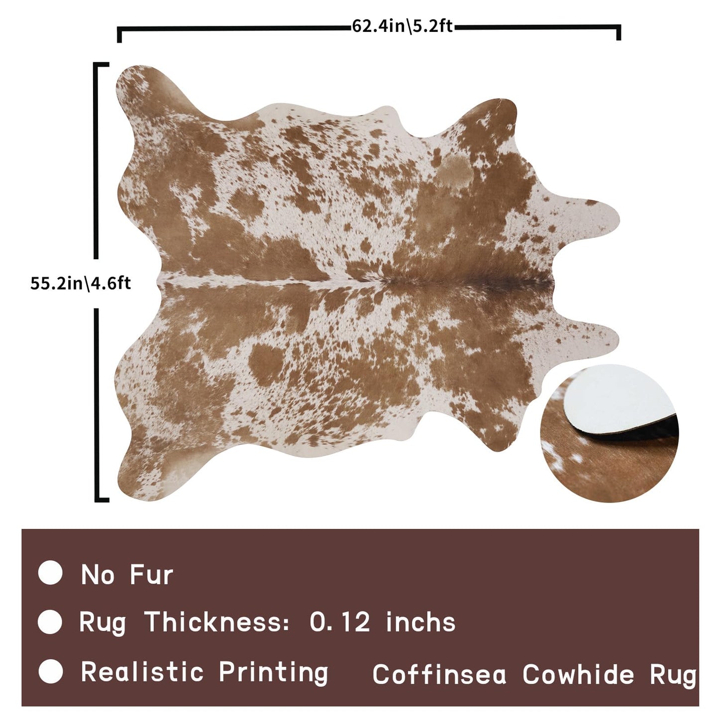 Faux Cowhide Rug 4.6x5.2 ft Cow Hide Faux Cowhide for Living Room Bedroom Dining Room Home Office Brown Cow Rug Carpet Western for Home Decor-NO Fur