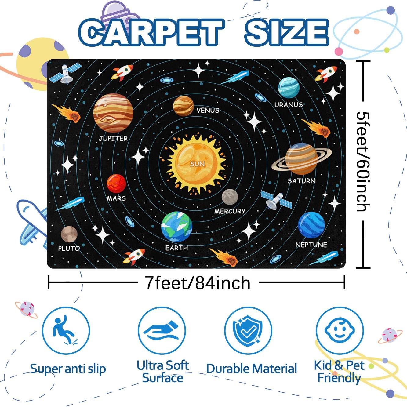 Kids Carpet Outer Space Rug, Solar System Mat 5x7 FT, Fun Game Boy Girl Kids Rug Carpet for Children Bedroom, Space Area Floor Mat for Living Room Nursery Room Toddler Classroom Decor