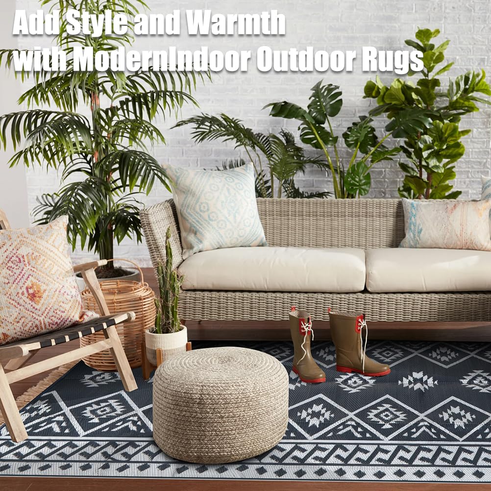 LILIOFFIC Outdoor Rug 9x12 ft, Waterproof Outdoor Plastic Straw Rug for Camping, Large RV Mat Outside, Outdoor Carpet for Deck, Backyard, Balcony, Picnic, with 4 Stakes, Grey