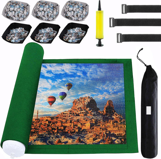 Puzzle Mat Roll Up for 3000 2000 1500 Pieces Jigsaw Puzzles, Large Portable Pad Table Non-Slip Board Saver Mats with 6 Sorting Trays, Inflatable Tube, 3 Straps, Keeper Storage Bag, Adults Gifts
