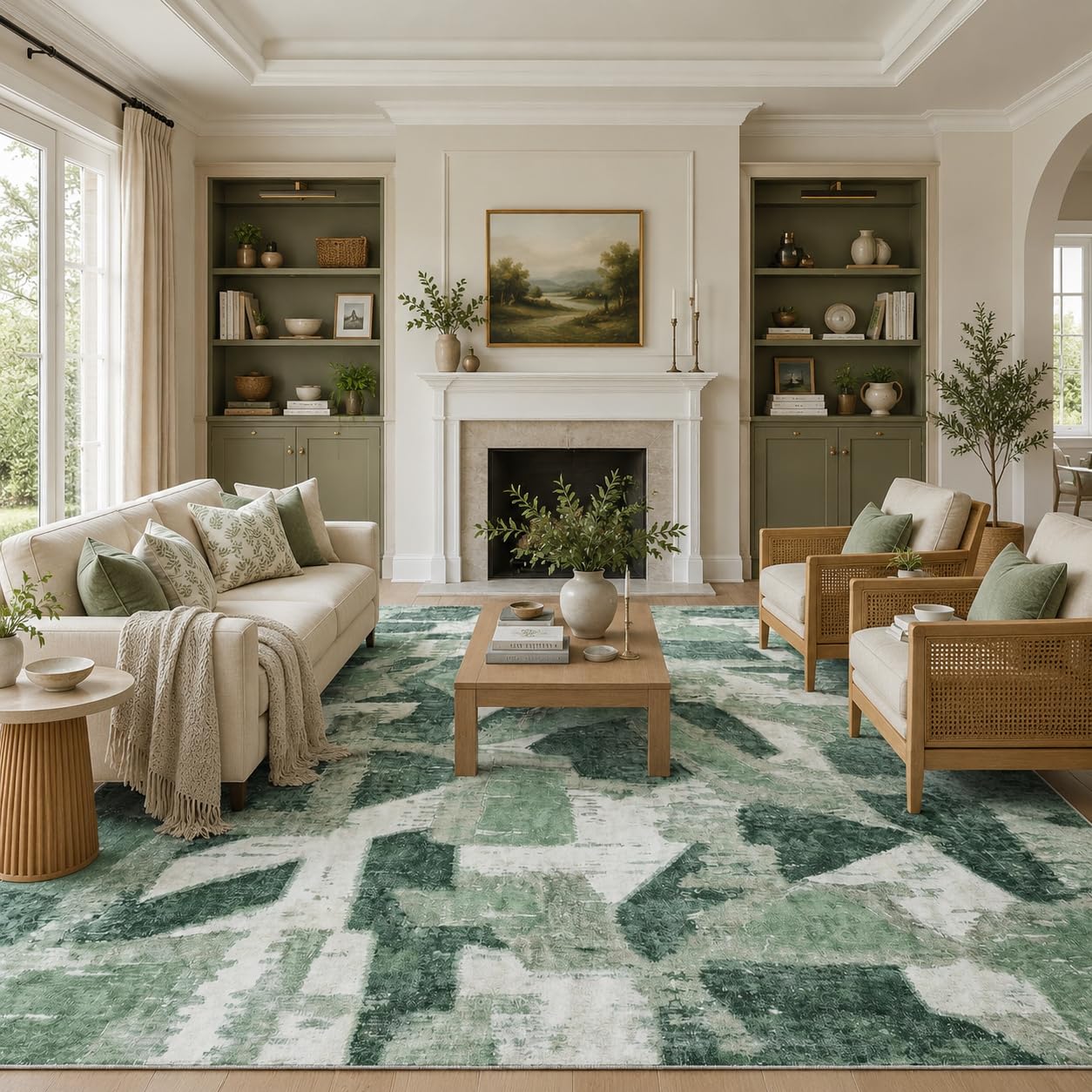8X10 Area Rugs for Living Room Bedroom,Modern Abstract Large Carpet Green Rug 8x10 for Dining Room Office,Non Slip Washable Print Faux Wool Thin 8 by 10 Indoor Nursery Kids Home Pet & Child Friendly