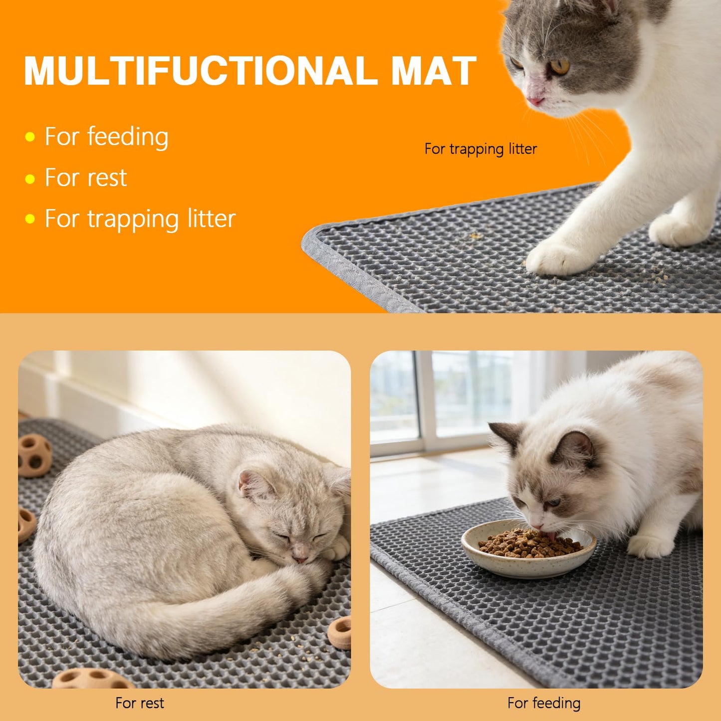 Cat Litter Mats (2-Pack) 26.6" x 16", Litter Box Mats with Double Layers, Urine-Proof and Non-Slip Litter Trapping Mats, Easy Clean Leakproof, Soft EVA Durable Anti-Scratch Kitty Litter Mat, Grey