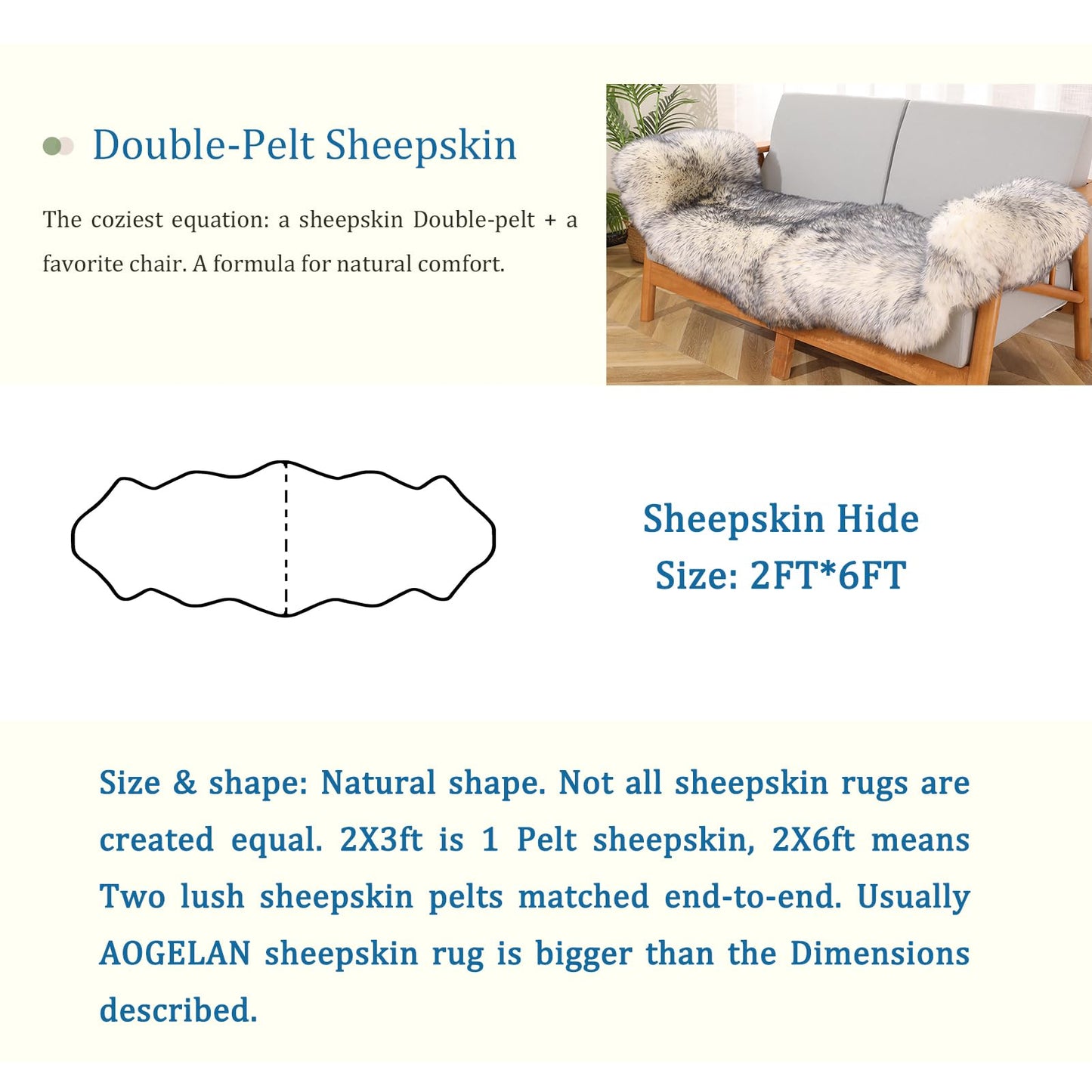 Genuine Sheepskin Rug with Little Patches-Real Wool Throw Carpet Pad for Bedroom Floor Living Room Sofa Fur(Wolf Tipped, 2FT×6FT Patchwork)