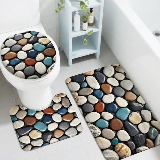 peacoblue Pebble Bath Mats for Bathroom Rugs Sets 3Pcs with Toilet Lid Cover, Non Slip Bath Rug and Contour Mats Sets, Washable Toilet Carpet for Bedroom Kitchen Tub Home Decor