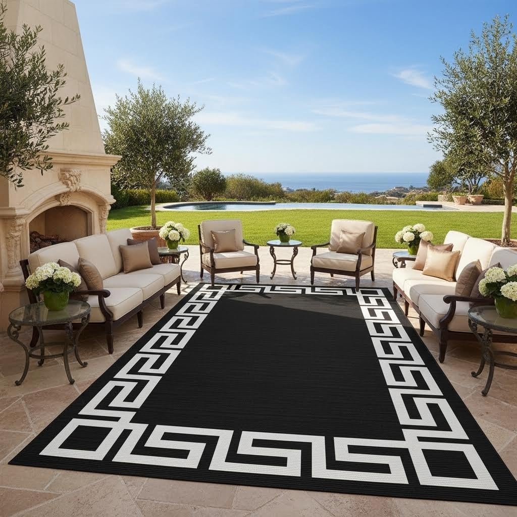 Black White Greek Key Border Outdoor Rug for Patio Deck Balcony Camping Garden Porch Large Waterproof Outside Carpet Meander Frame Decorative Area Rug Kitchen Camping Rv Picnic Easy Clean Mats 3x5