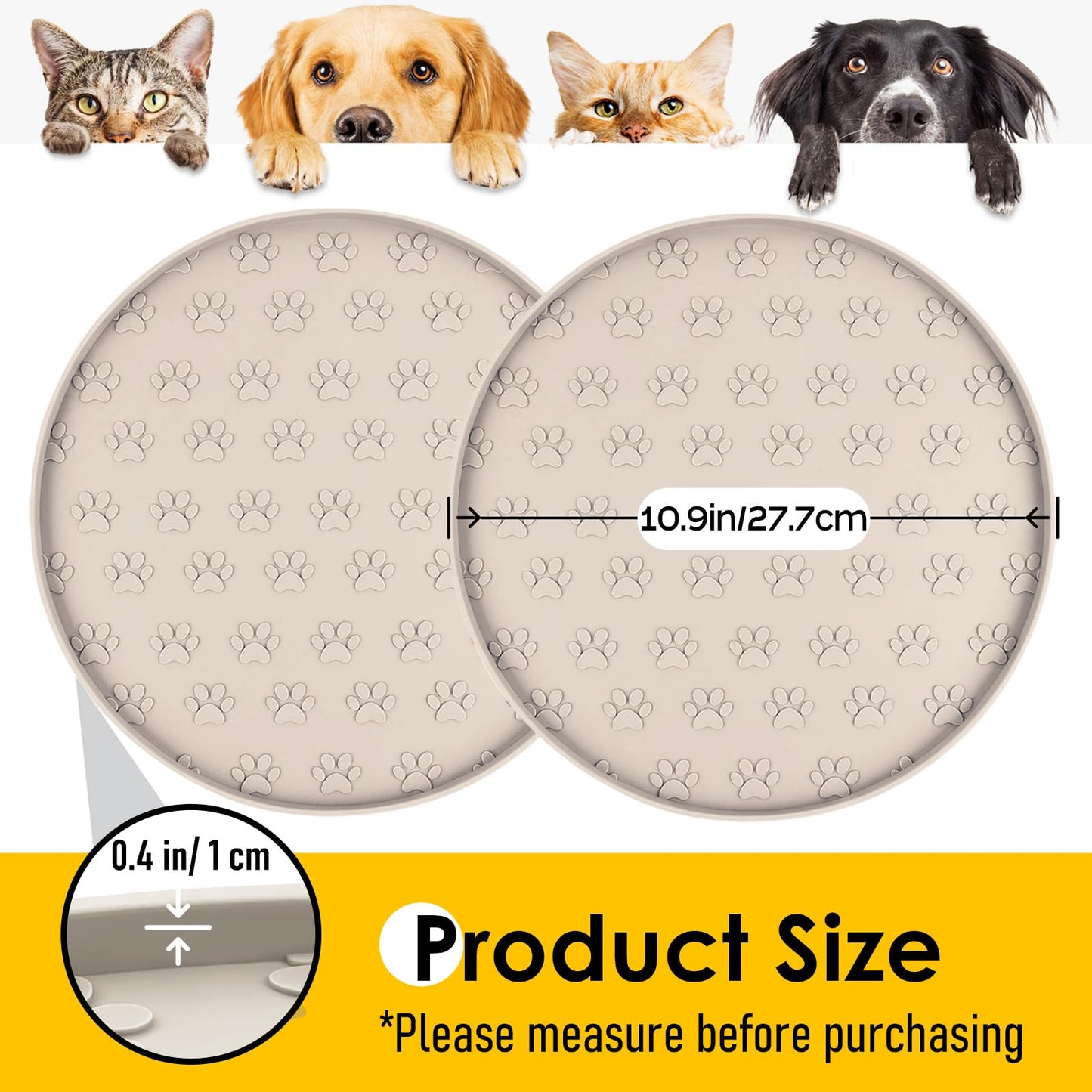 AVYDIIF Pet Feeding Mats for Food and Water, Waterproof Anti-Slip Placemats for Dog Cat Bowl, 1 Pack Silicone Pet Food Mat, Dishwasher Safe 10.9 × 10.9 (1 Beige, Small Paws)
