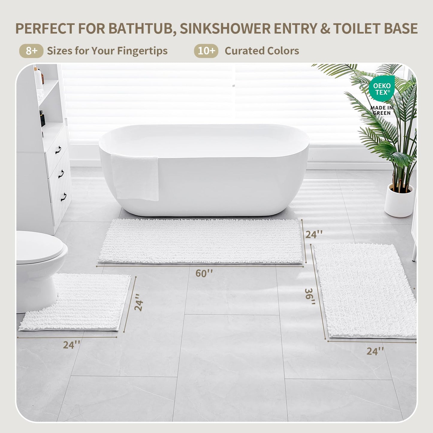 Ruggnovea Bathroom Rugs Non Slip Washable, Extra Thick Soft Chenille Absorbent Bath Mat, High Density Barrier Non Slip Backing, Quick Dry Plush Shaggy Floor Carpet for Tub&Shower 24x17, White