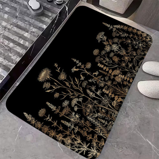 GOAOK Vintage Black and Gold Boho Bathroom Rugs, Black and Tan Cream Floral Aesthetic Dark Wildflower Botanical Flowers Outdoor Rug, Soft Non Slip Floor Rugs for Living Room Doormat, 17x29