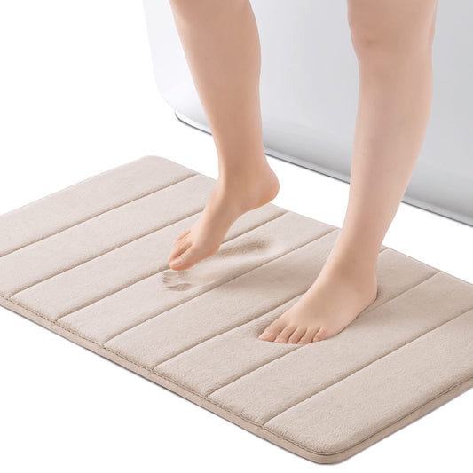 ROSMARUS Memory Foam Bath Mat 17” x 24”, Water Absorbent Shower Mat, Thick Bath Rugs for Bathroom Non Slip with PVC Backing, Ultra Soft Bathroom Rugs for Floor & Tub, Ltbrown