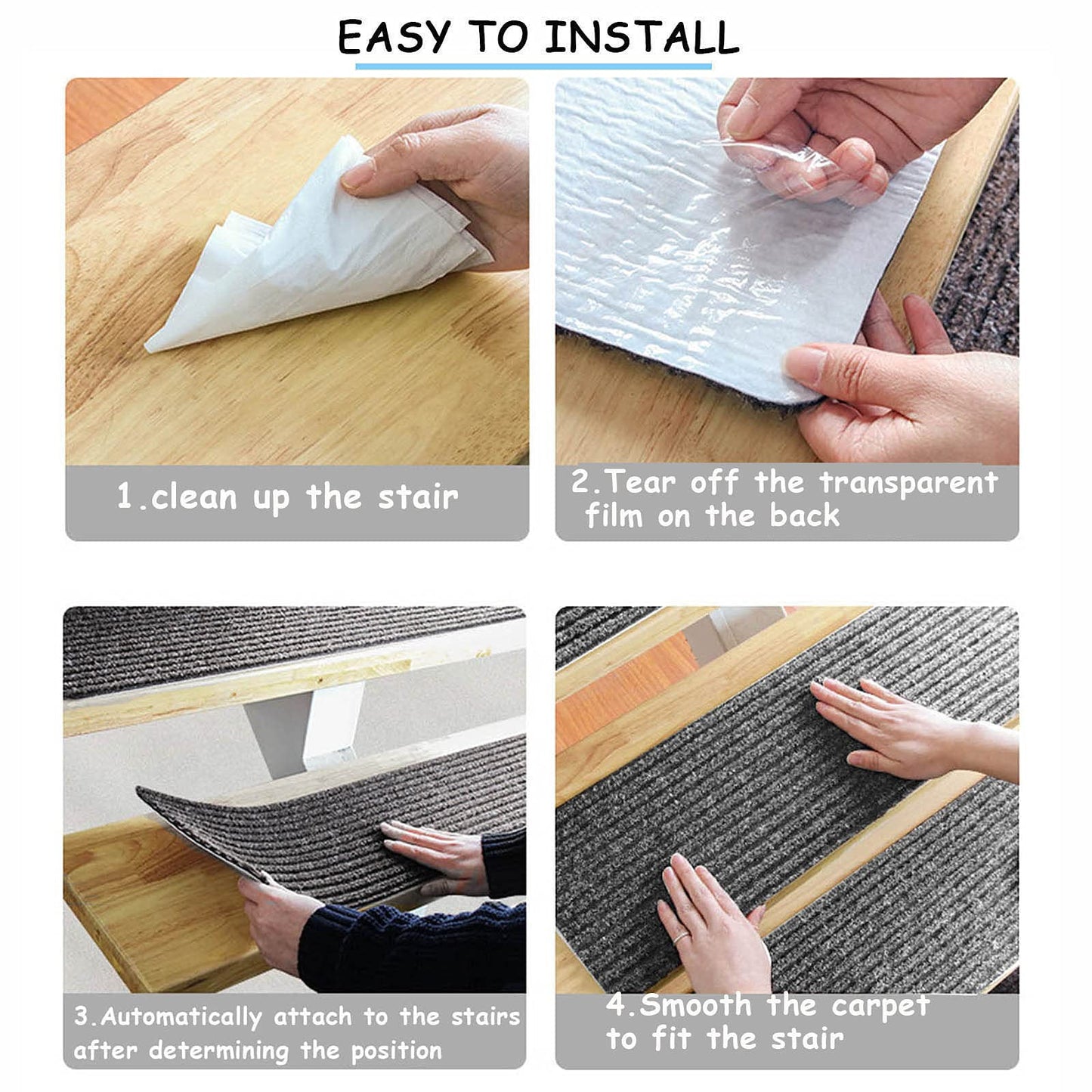 HengLiSam 8" X 30" (2 in Pack) Non-Slip Carpet Stair Treads, Indoor Stair Runners for Wooden Steps,Stair Rugs for Kids Elders and Pets with Reusable Adhesive, Gray