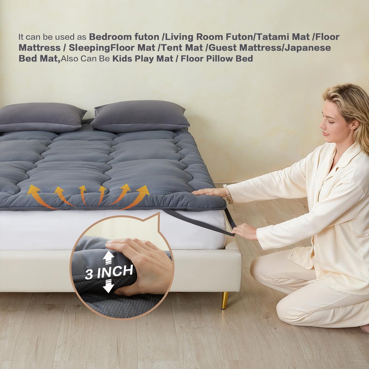 SAPHREAS Japanese Futon Mattress Floor Mattress Full, Foldable Roll Up Bed Mattress Topper with Elastic Straps, Tatami Mat Sleeping Pad for Camping, Grey