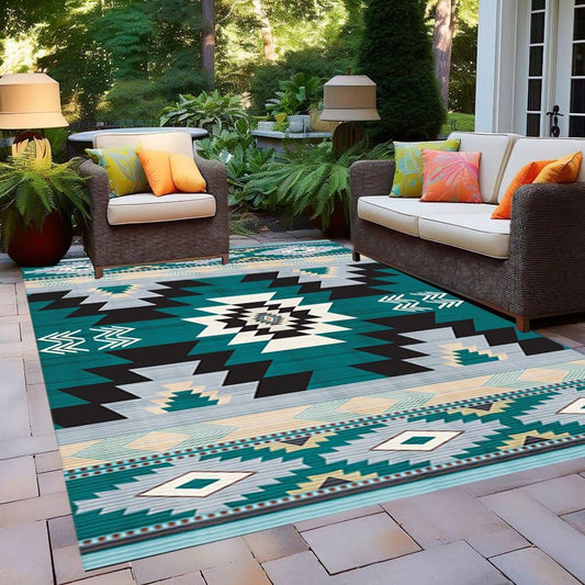 Unique Aztec Tribal Aesthetic Deco Outdoor Area Rug 2x3 for Porch Patio Deck Waterproof No Slip Durable Washable Carpet in Backyard Balcony Veranda Vintage Teal Black Beige Geometric Texture Rugs