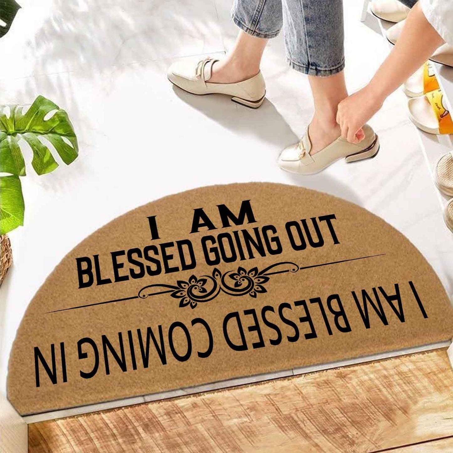 Christian Blessing Welcome Mat - Blessed Coming in & Going Out Half Round Doormat, 29.5" x 17" Faux Coir Entryway Rug, 0.4" Thick Non-Slip Rubber Backing, Durable Religious Floor Decor